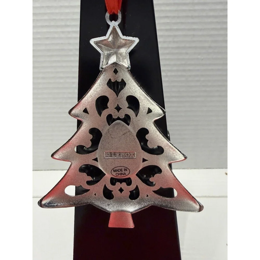 Lenox Bejeweled Christmas Tree Ornament Silverplate With Green Gem